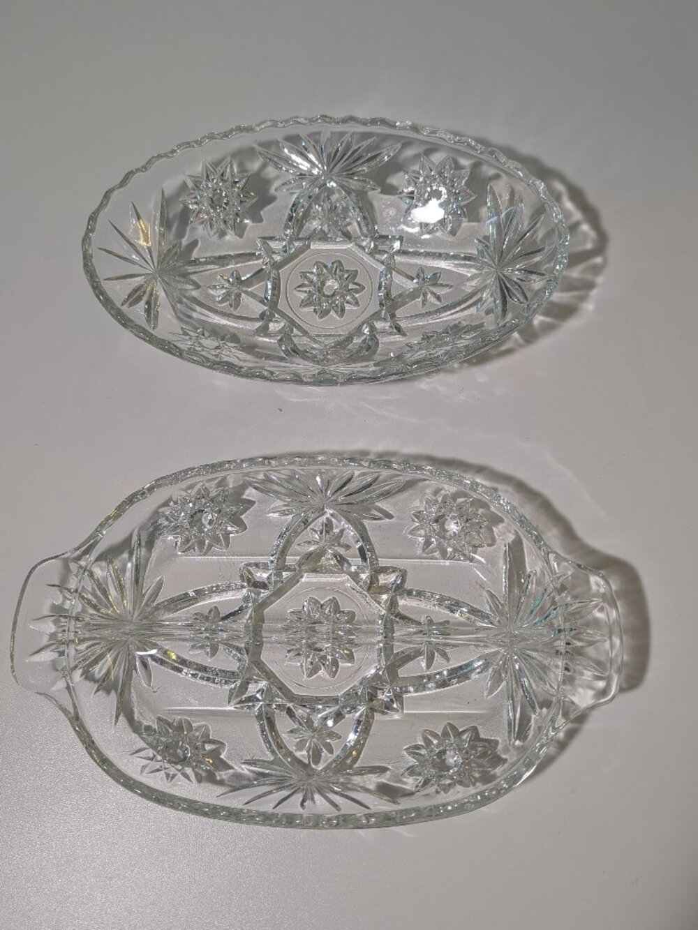 Pair Vintage Anchor Hocking "Early American Prescut" Clear Glass Relish Dishes